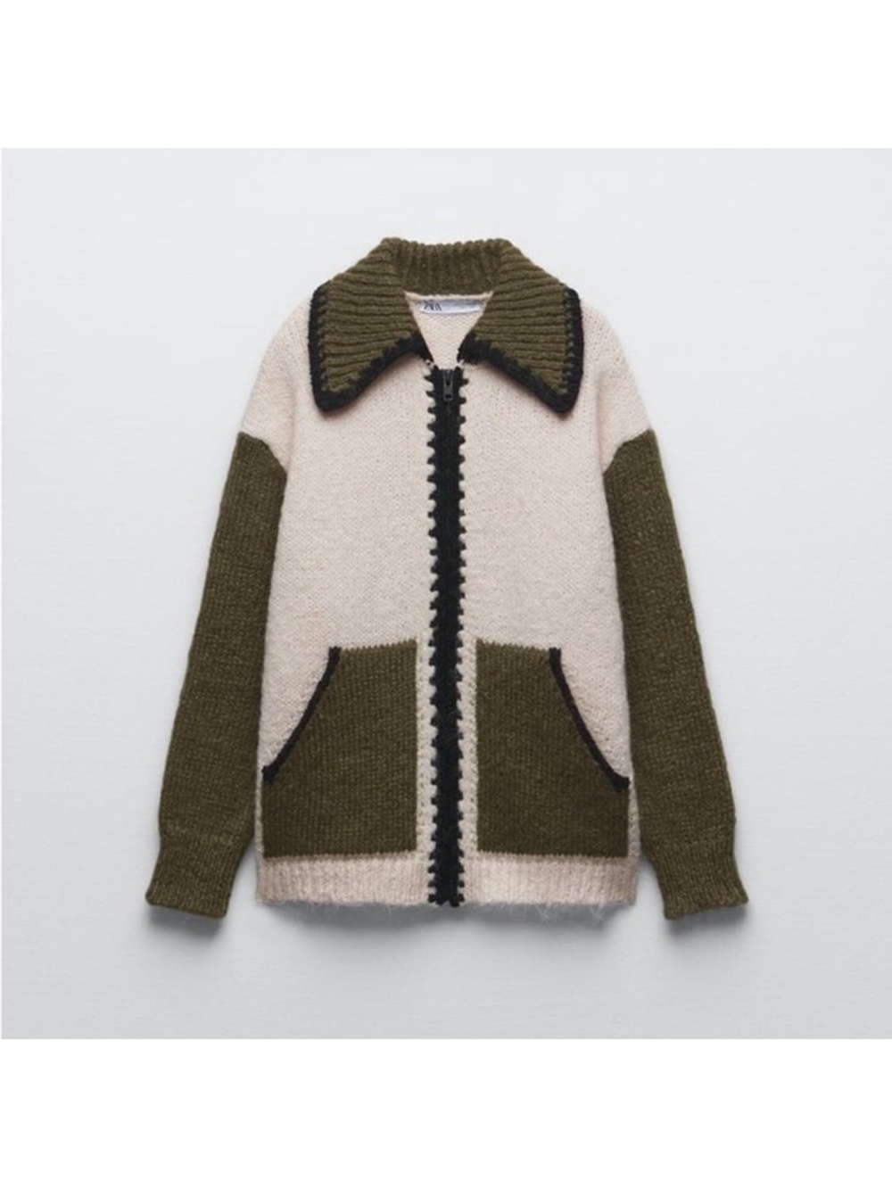 Zara Two-Tone Teddy Knit Zip Jacket - Cream & Olive
